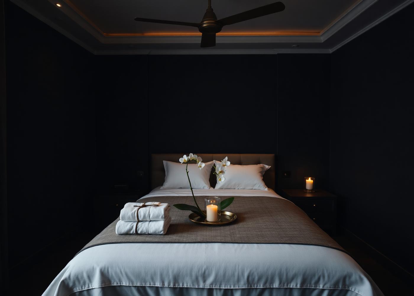 A candlelit private bedroom prepared for The Royal Relax spa session